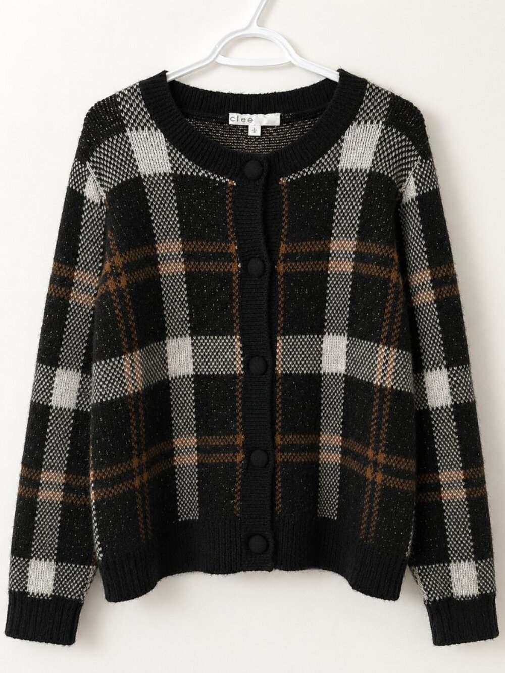 Cleo Plaid Button Front Cardigan Sweater Black Brown Cream Size Large
